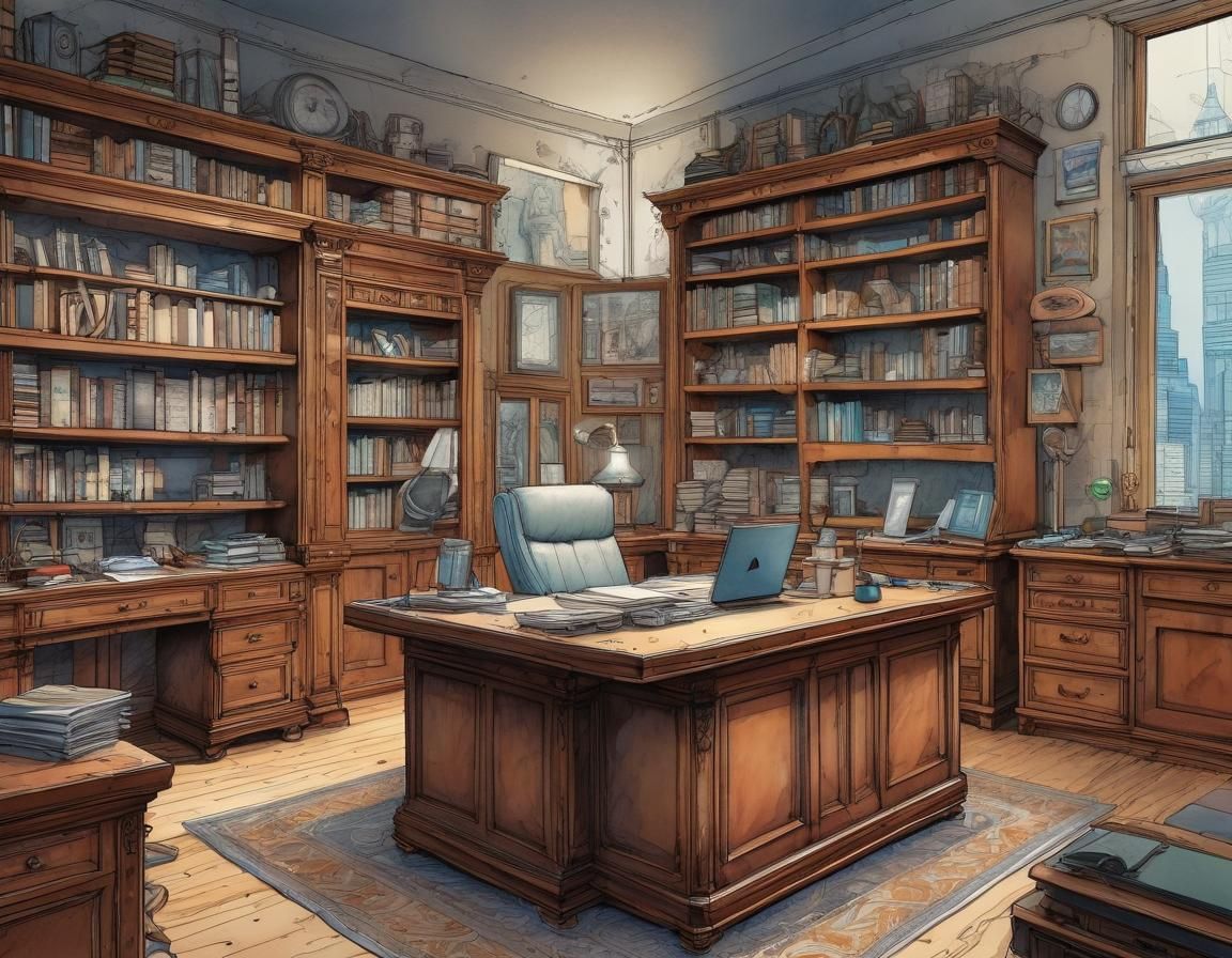 Sci-Fi Wooden Office in Moebius Style Line Art