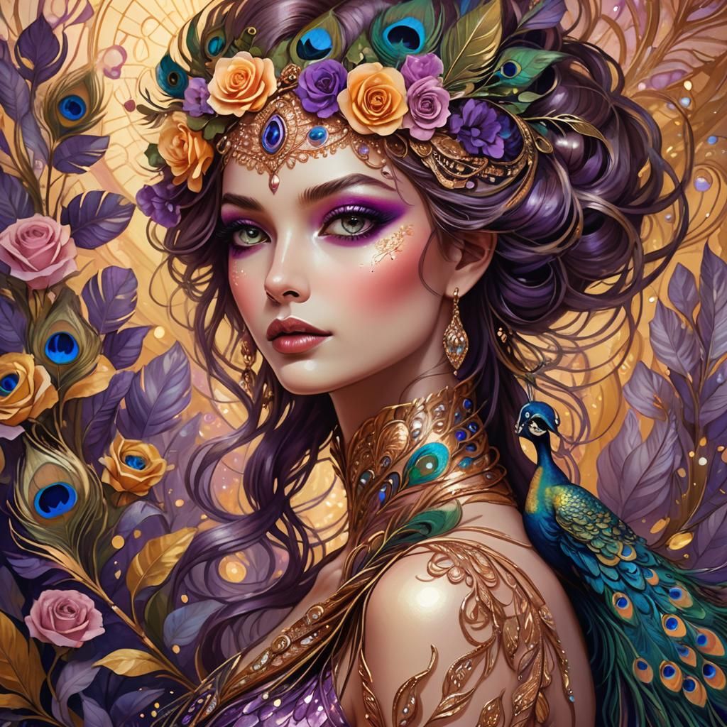 Peacock Woman Portrait in Art Nouveau Style
