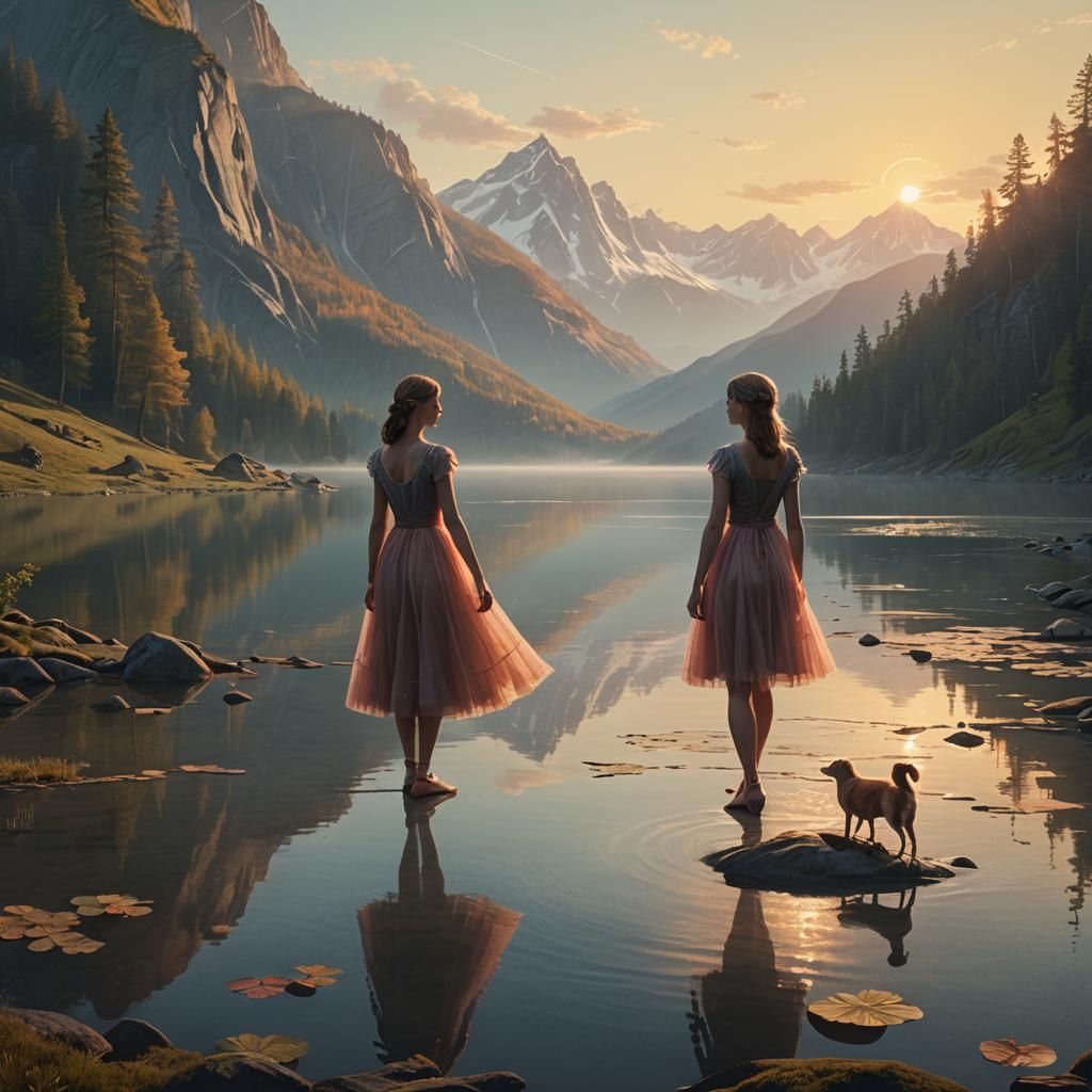 Mountain Lake Girl in Flowing Dress: Fantasy Art