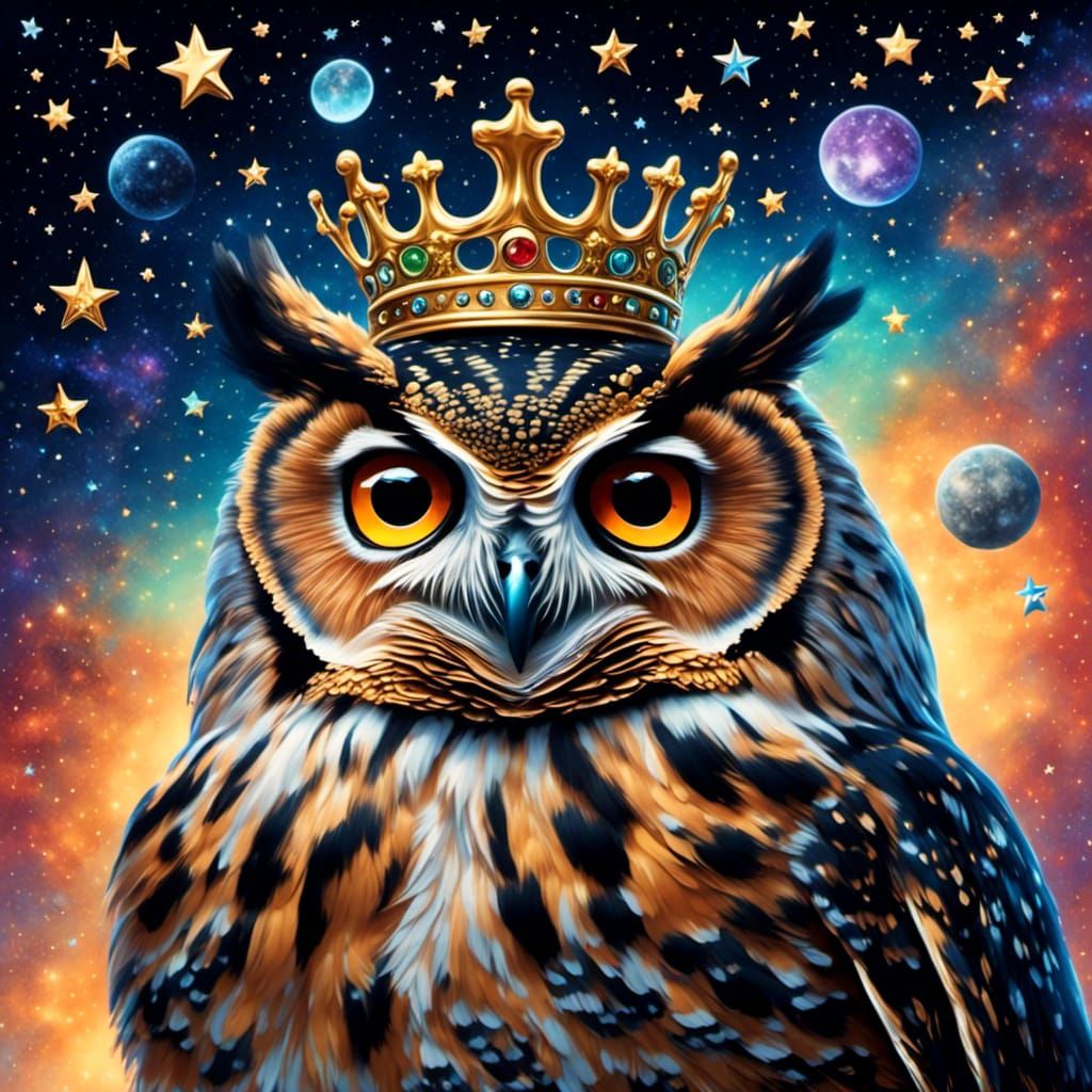 Crowned Owl Painting Stars on a Mystical Night