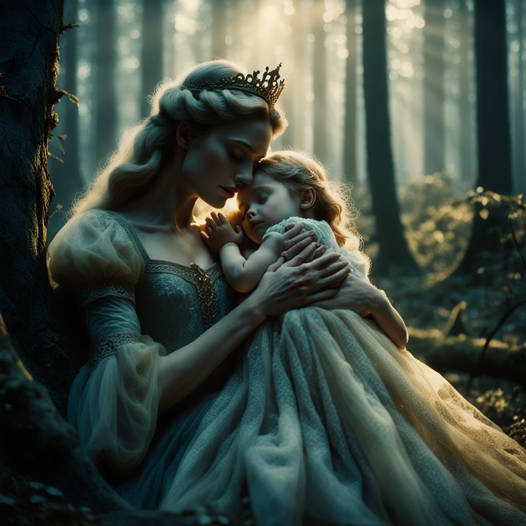 Sleeping Beauty and Daughter in Misty Forest