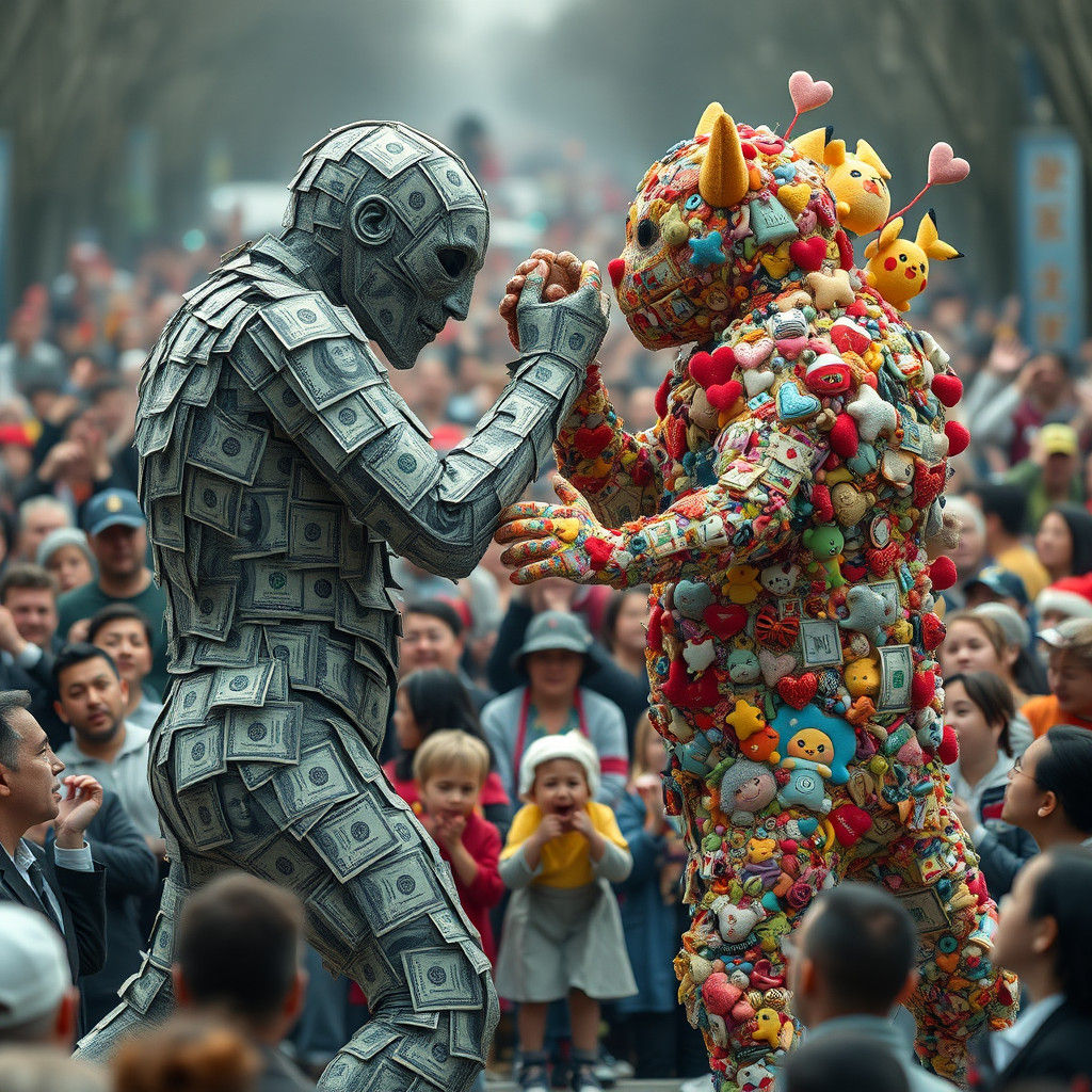 Dollar Man Wrestles Toy Creature: 8k Digital Art