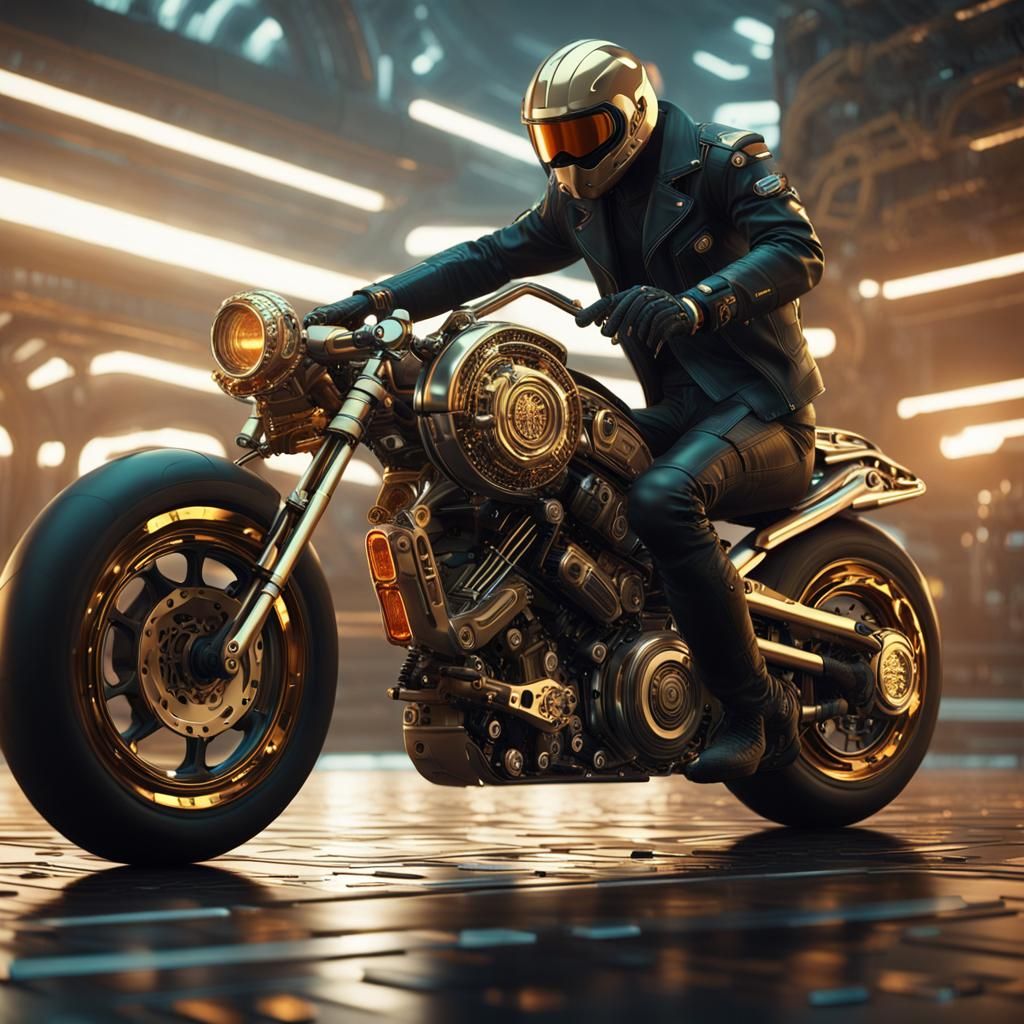 Biopunk Motorcycle Rider in Golden Light