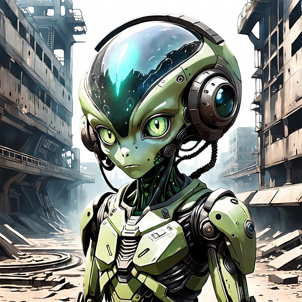 Anime Alien in Dystopian Sci-Fi Landscape