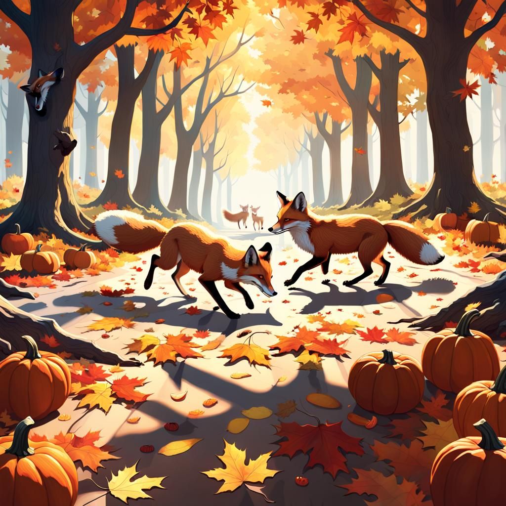 Foxes Playing in Autumnal Forest, Digital Matte Painting
