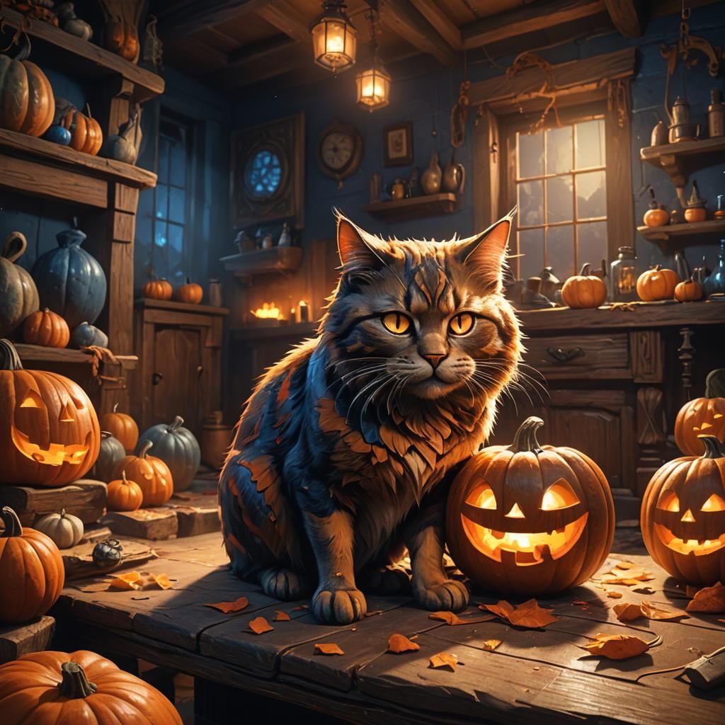 psychotic looking cat carving a pumpkin