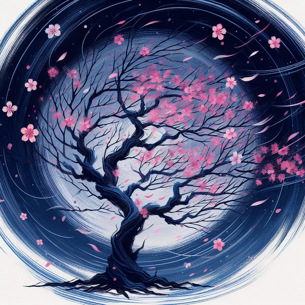 Sakura Tree with Dancing Petals in Mythical Night