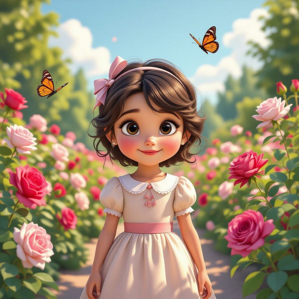 Young Princess in Rose Garden with Butterflies in Pixar Styl...