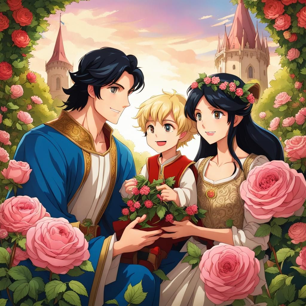 Cheerful Family in Rose Garden, Anime Style