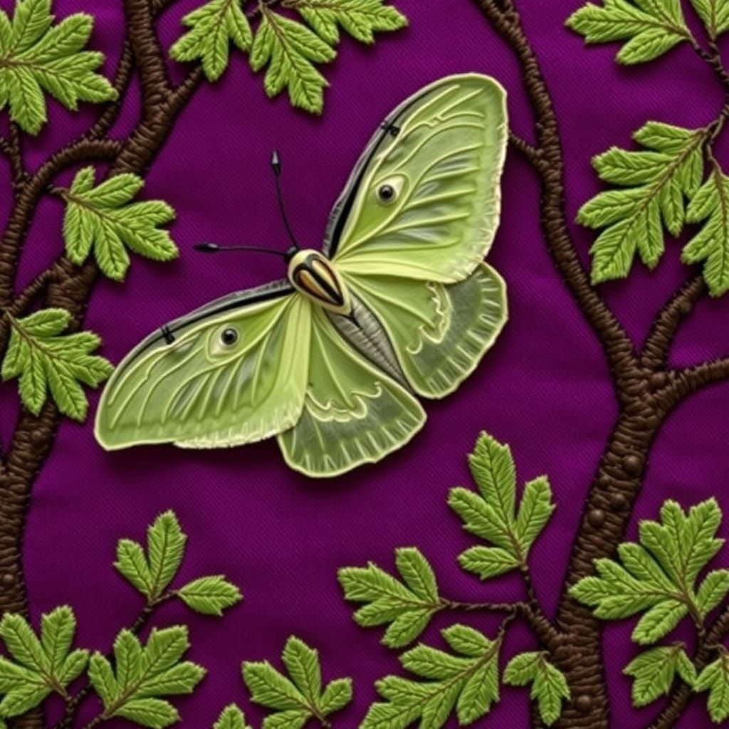 Whimsical Luna Moth on Plum Purple Silk with Embroidered For...