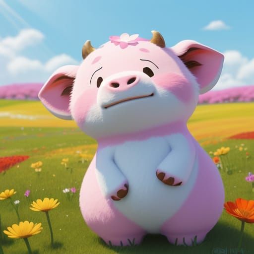 Dancing Anthropomorphic Cow in Sunny Meadow, Pixar Style
