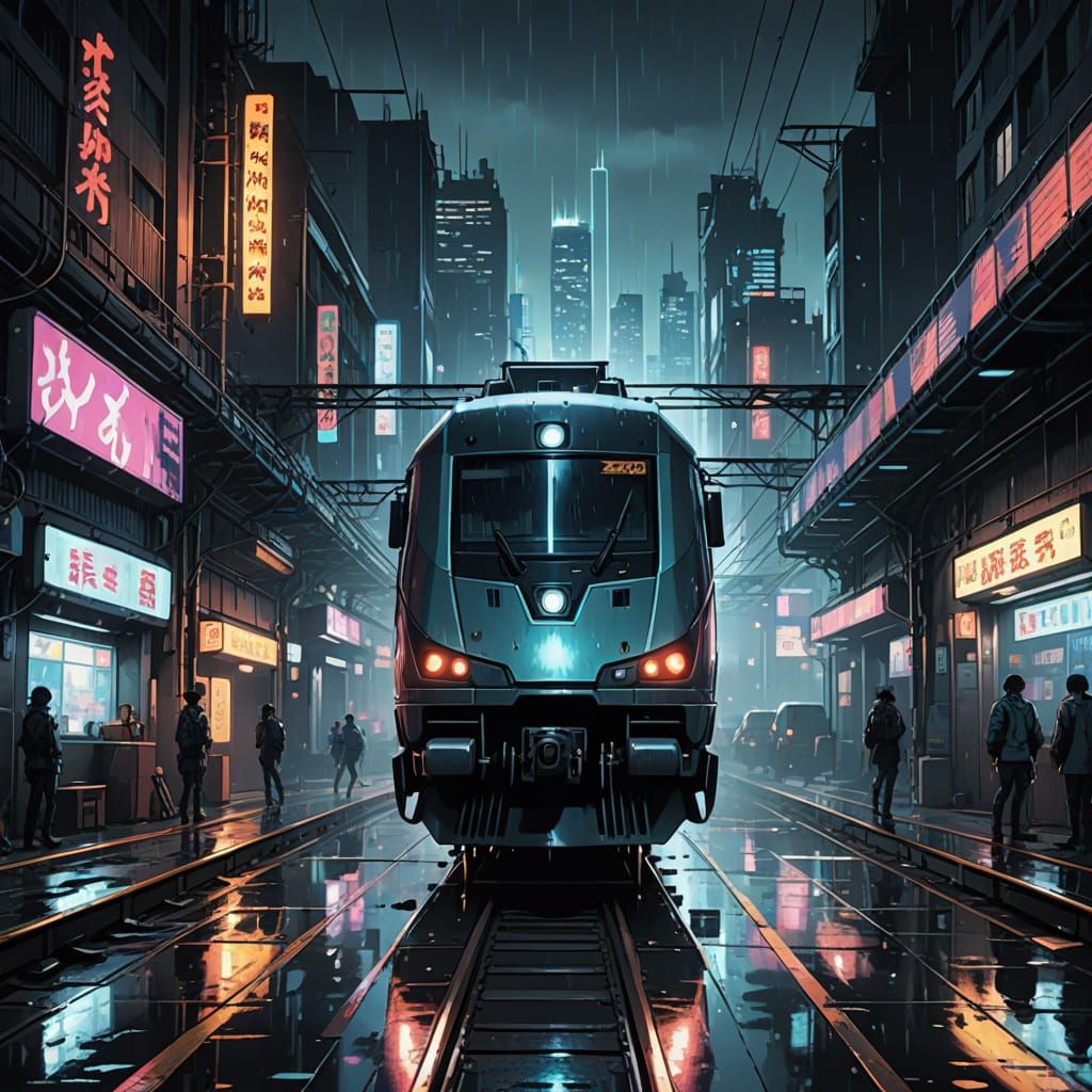 Cyberpunk Trainyard in Vibrant Manga Style