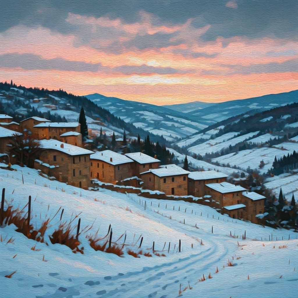 Serene Italian Village Snowscape in Neo-Expressionist Style