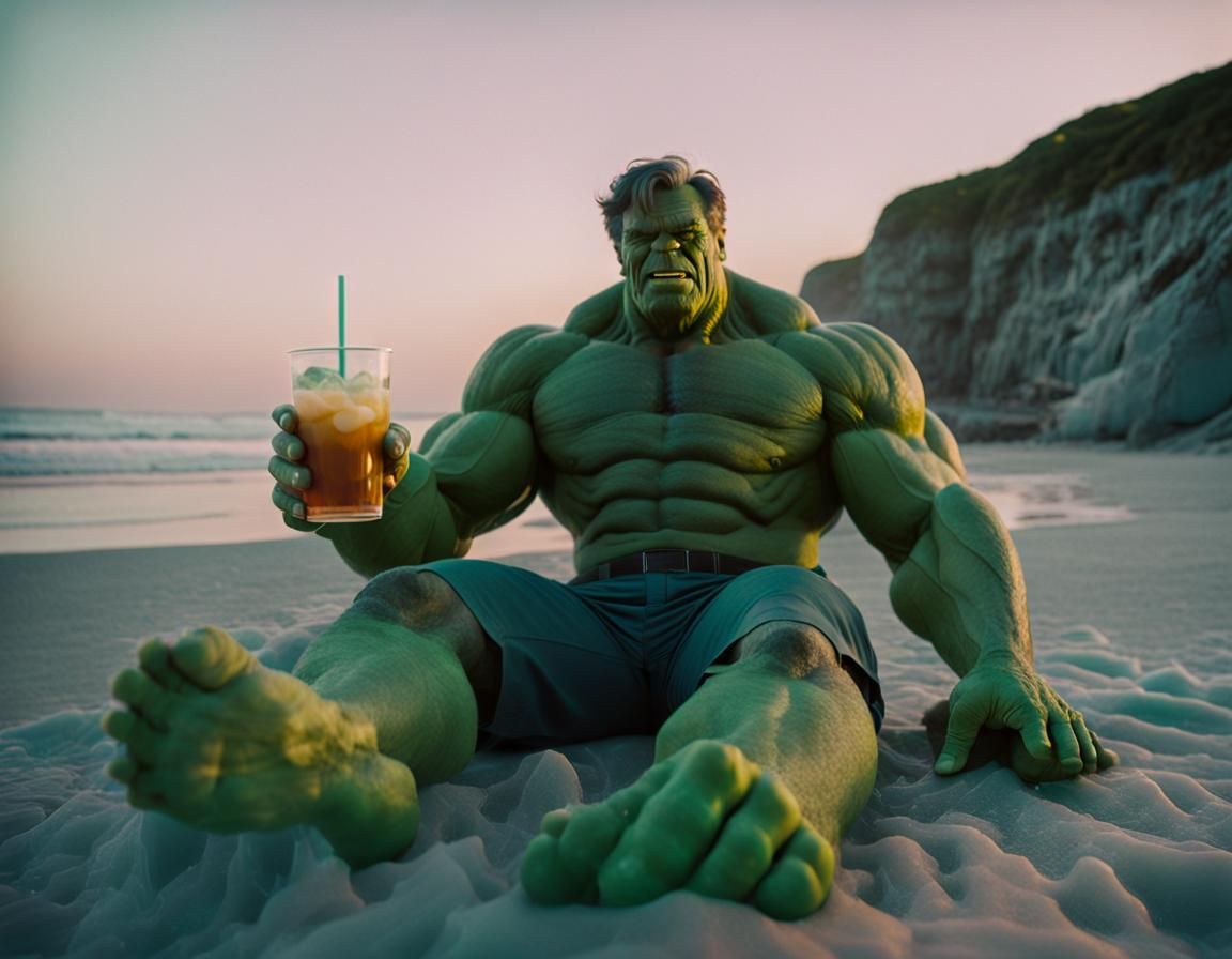 Professor Hulk Relaxing on Beach in Pastel Film