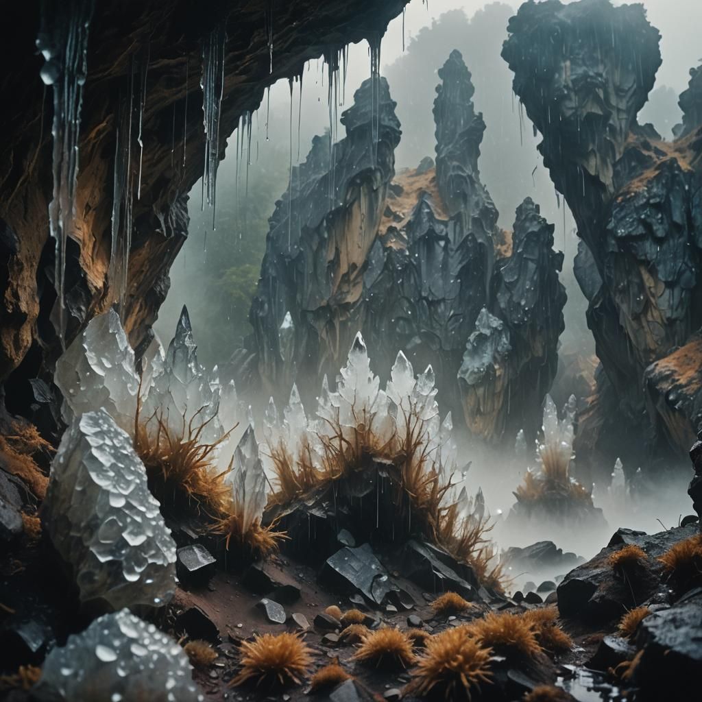 Rain Drops on Cave Crystals in Cinematic Style