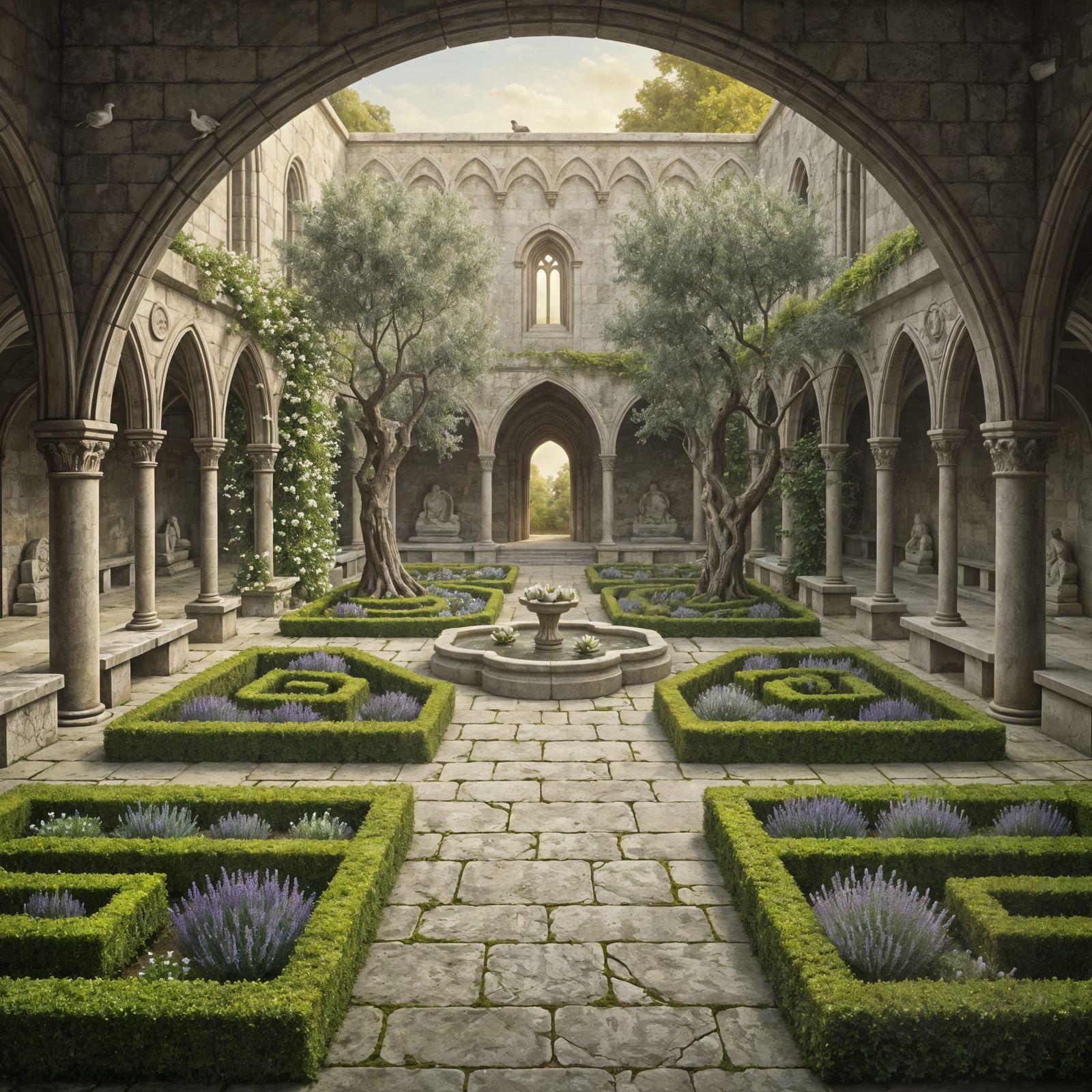 Pre-Raphaelite Monastery Garden in Soft Morning Light