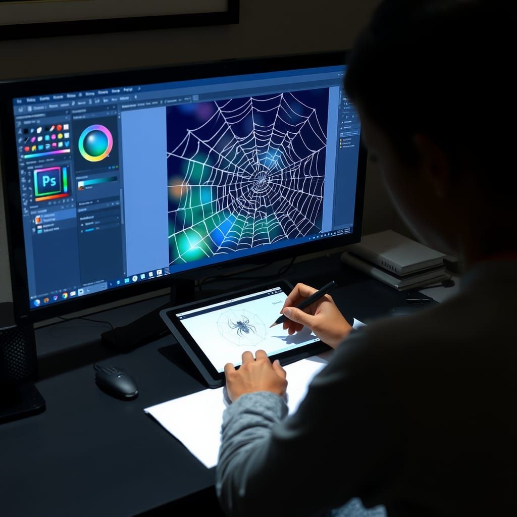 Digital Artist Designs Spiderweb on Computer