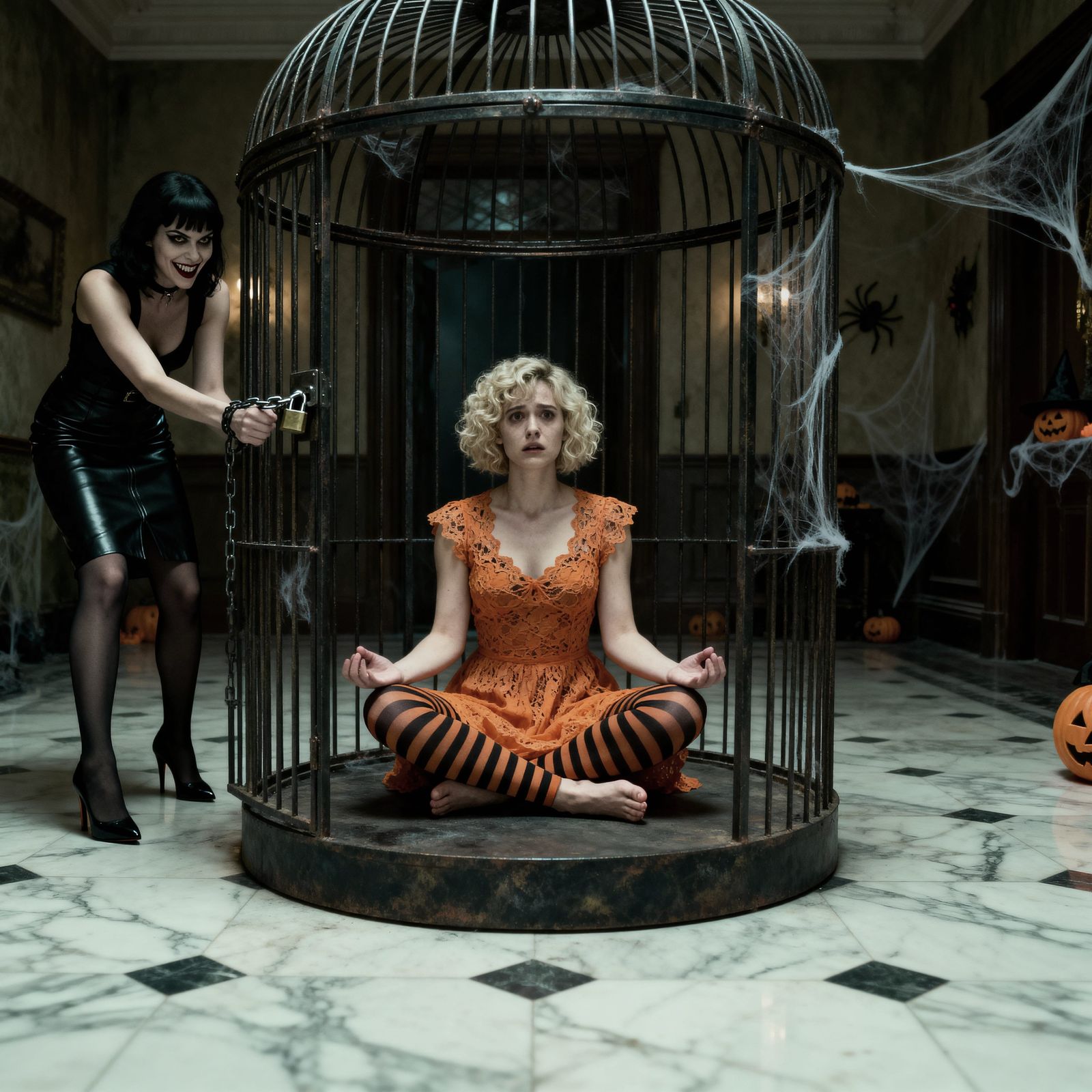 Woman Trapped in Birdcage by Evil Figure