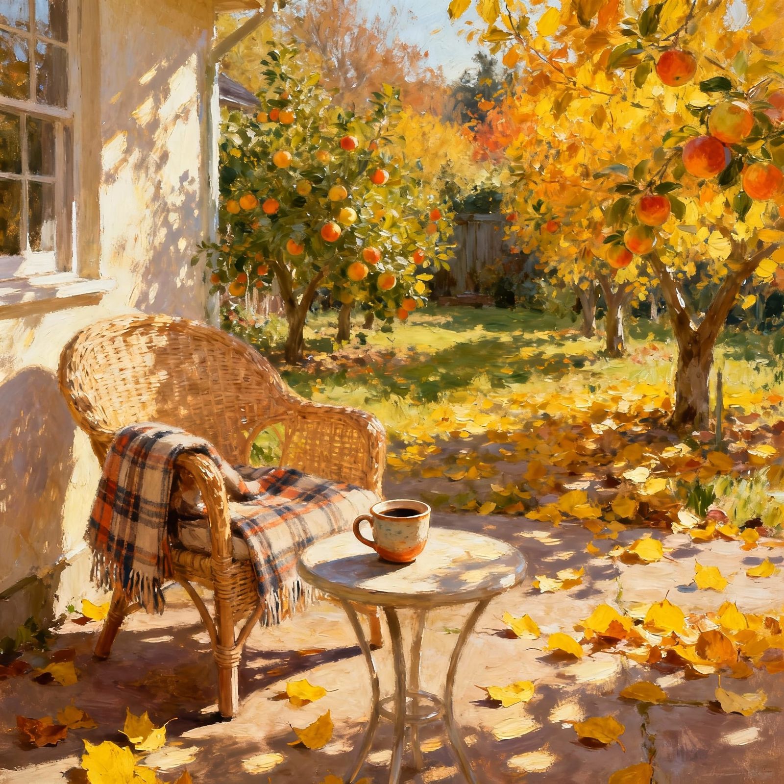 Cozy Autumn Courtyard with Coffee and Plaid Blanket