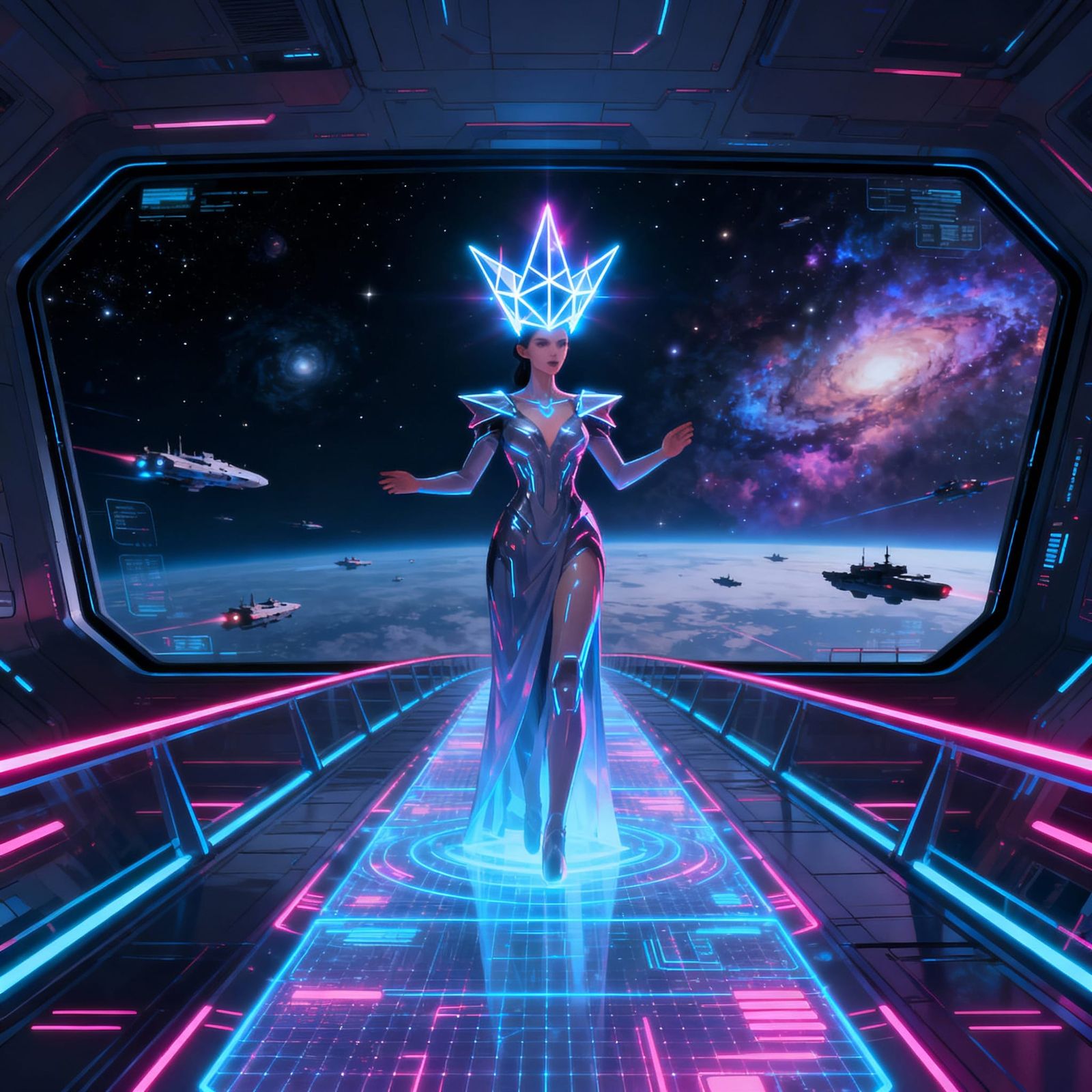 Futuristic Empress Commands Fleet from Holographic Bridge