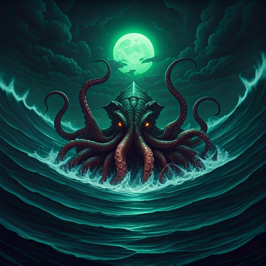 Kraken Emerges from Devil's Sea Under Green Moon