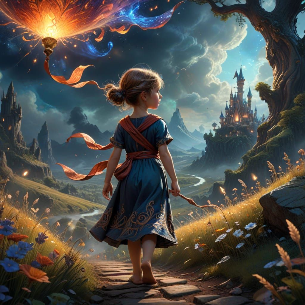 Fantasy Art: Wide Awake Child Marches with Whimsical Banner