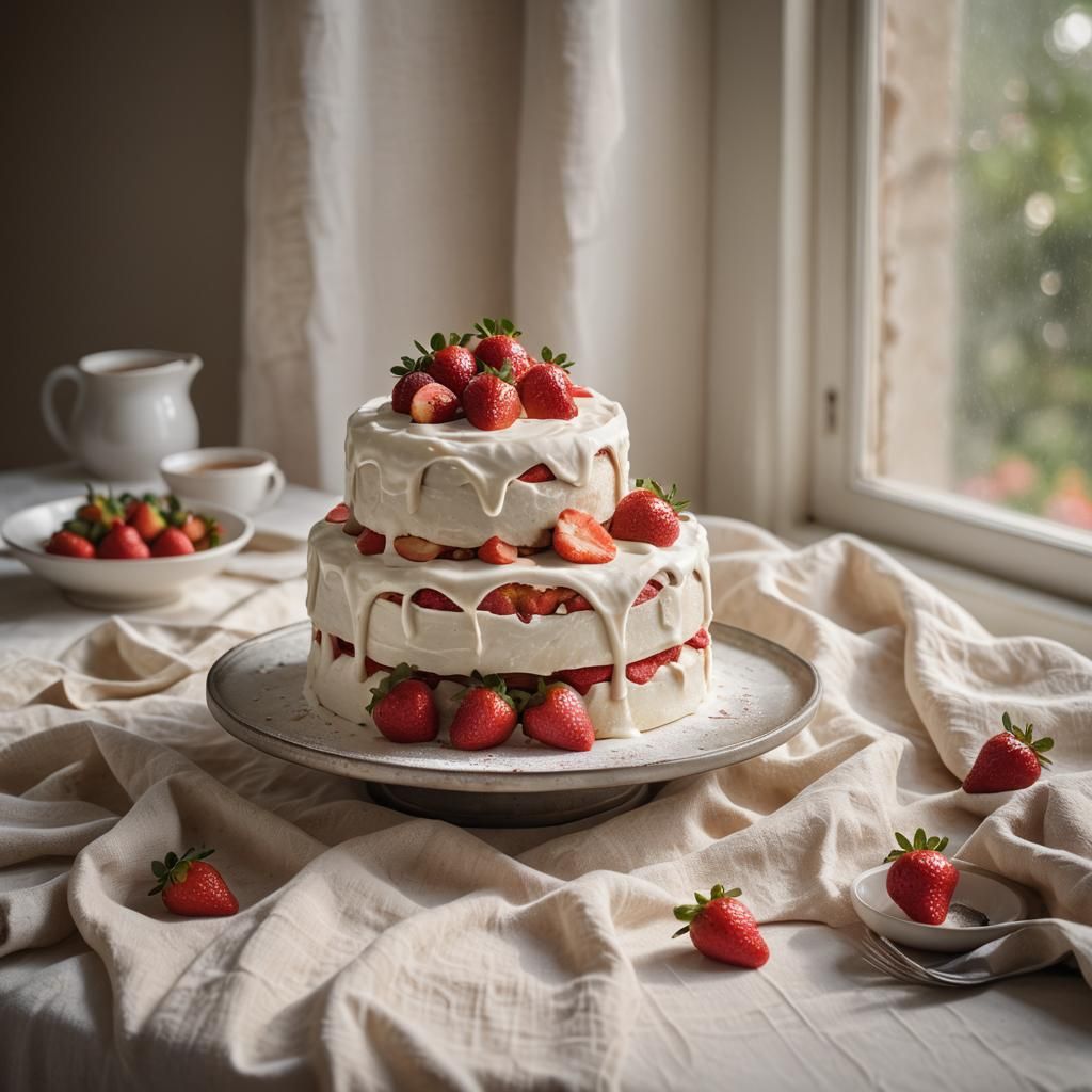 Macro Shot of a Strawberry Cake in Natural Light