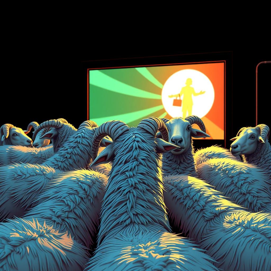 Surreal Schafe Gaze at Hypnotic Screen in Pop Art Style