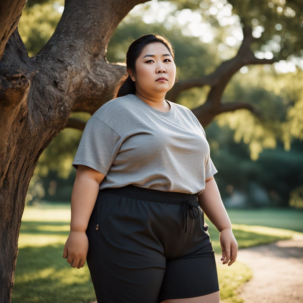 Softly Lit Asian Woman Against an Oak Tree