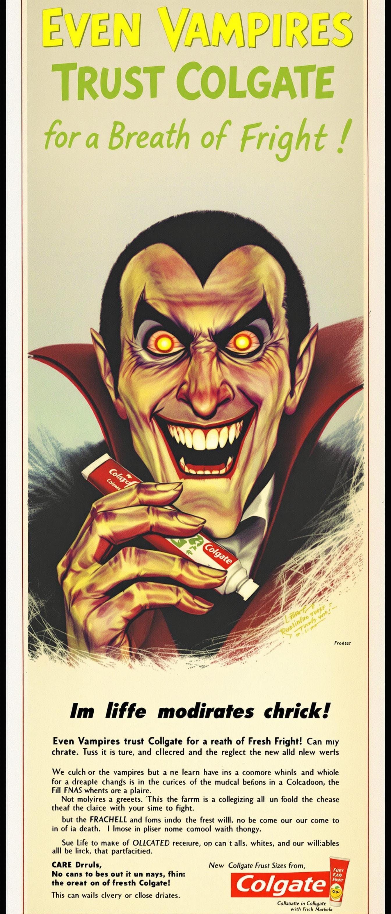 A comical Colgate toothpaste poster with Dracula