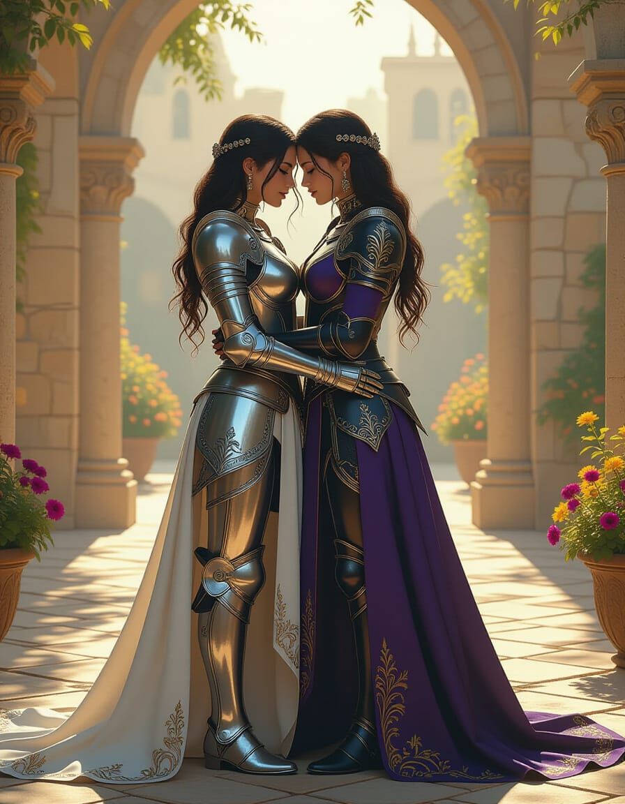 Two Female Knights' Tender Embrace in Sunlight