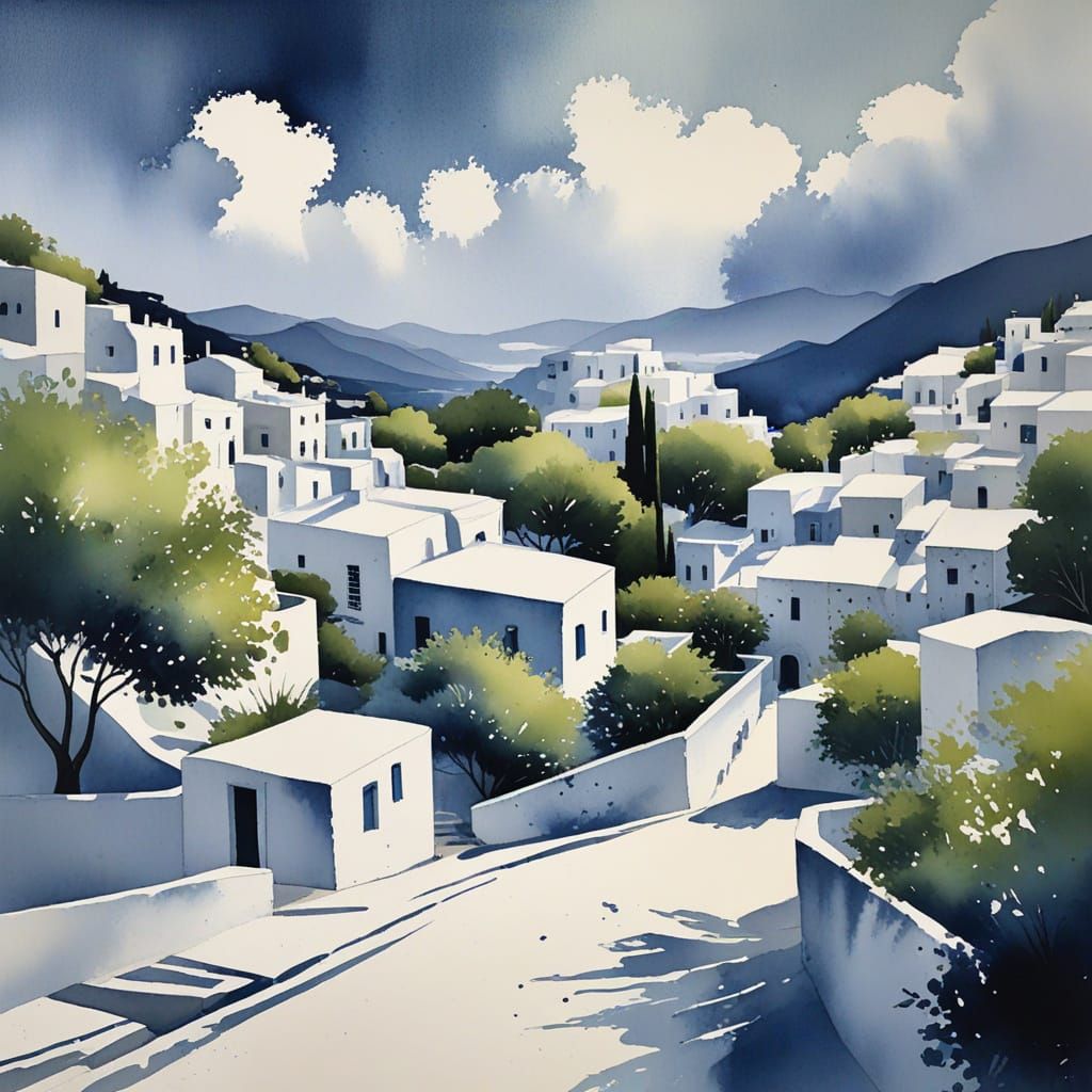 Serene Greek Village in Dreamy Watercolor