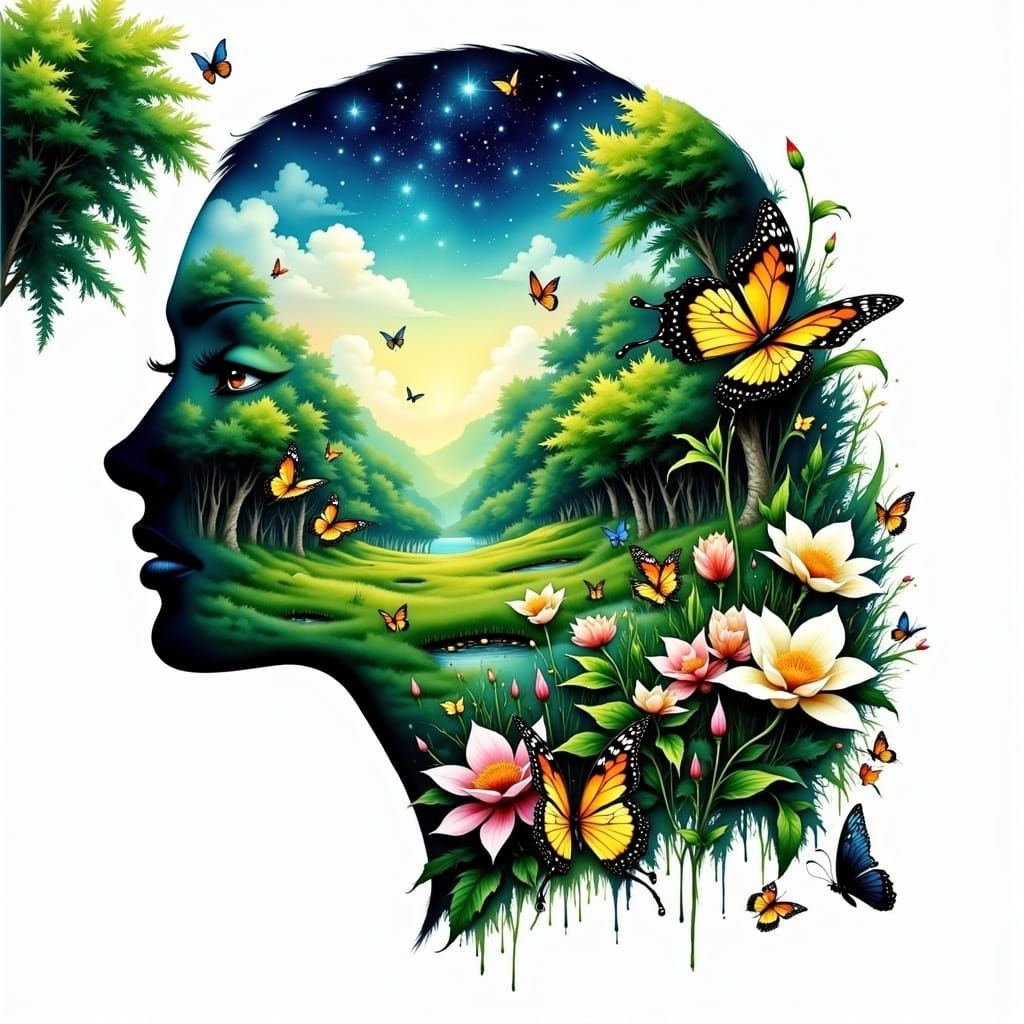 Elegant Woman in Summer Landscape, Dreamlike Watercolor