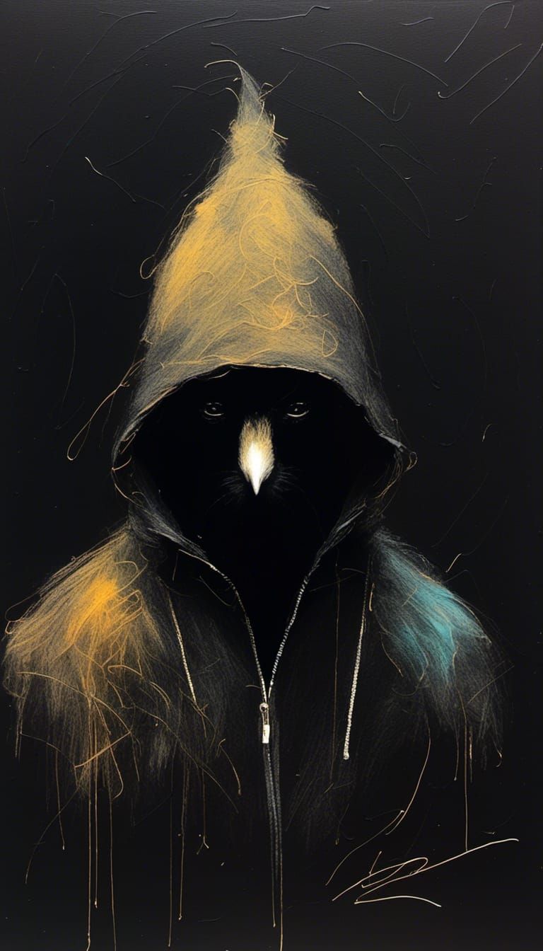 Hooded Man with Robin Face in Gouache