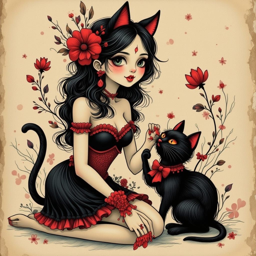 Neo Art Nouveau Tattoo of Woman with Cat