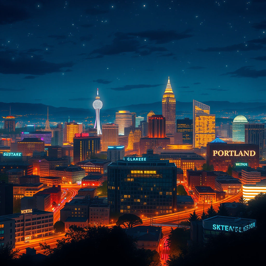 Portland Oregon Night Skyline in Studio Ghibli Style