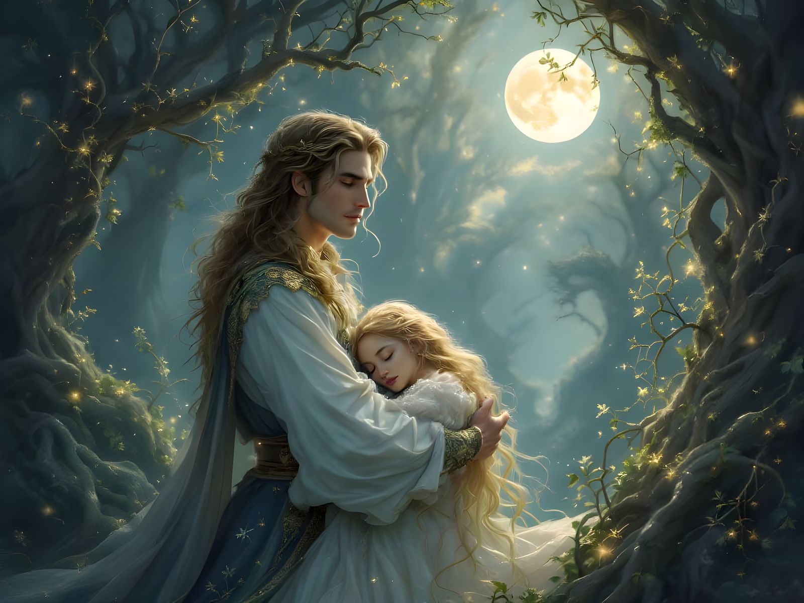 Prince and Sleeping Princess in Enchanted Forest
