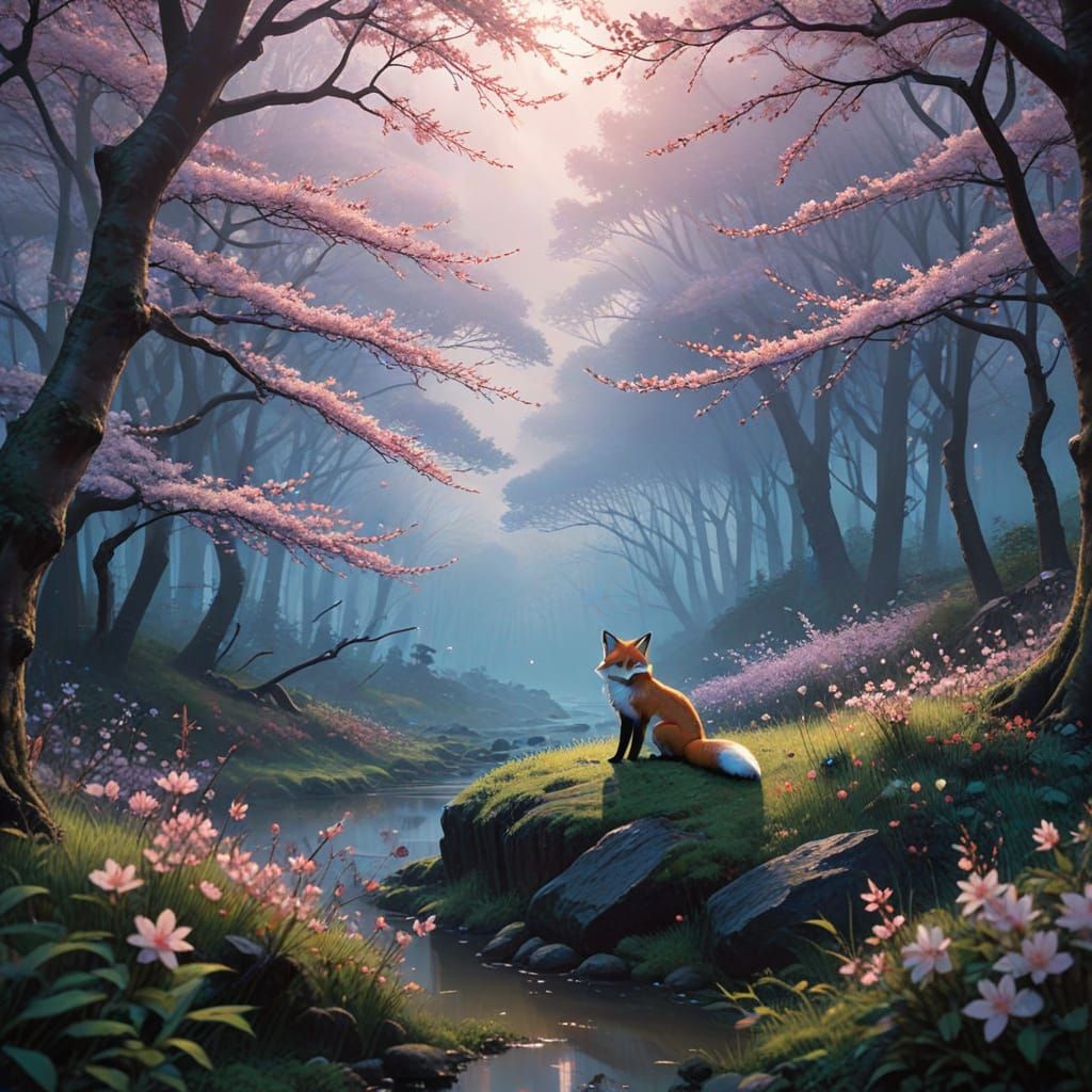 Misty Sakura Forest with Fox at Dusk