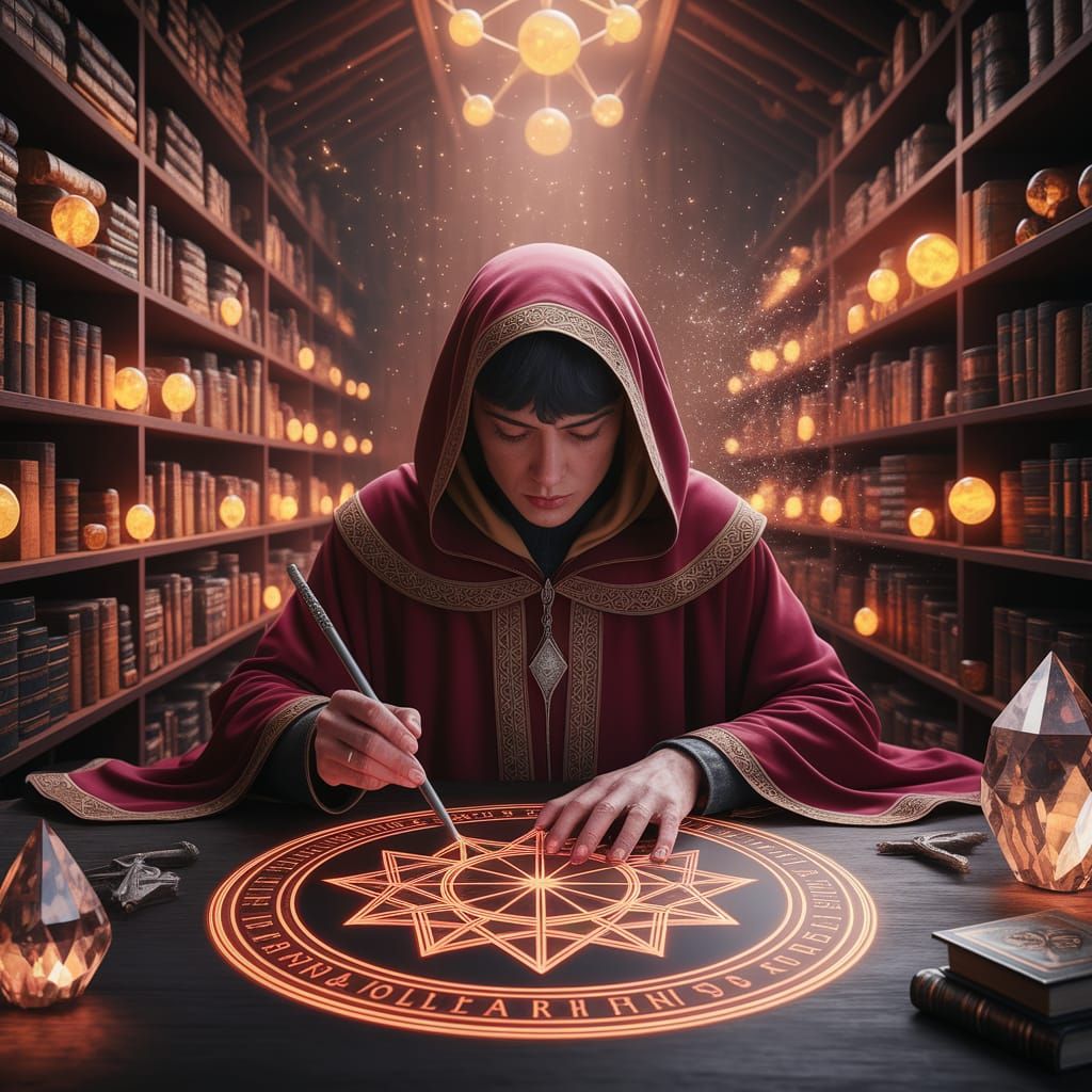 Spell Architect Crafting Glowing Runes in Fantasy Workshop