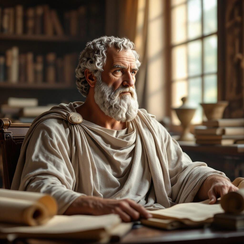 Aristotle Photorealistic Portrait in Classical Study