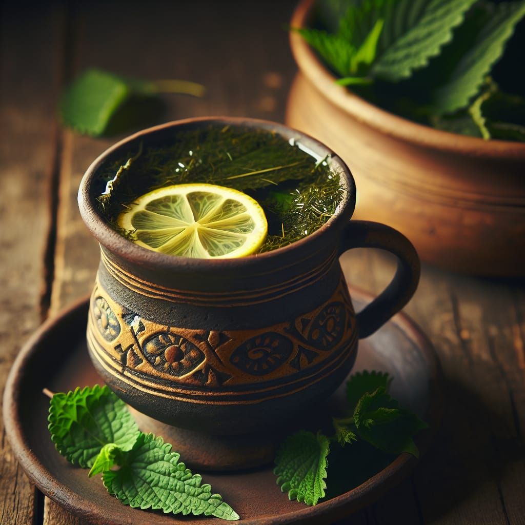 Medieval Lemon Nettle Tea in Rustic Cup