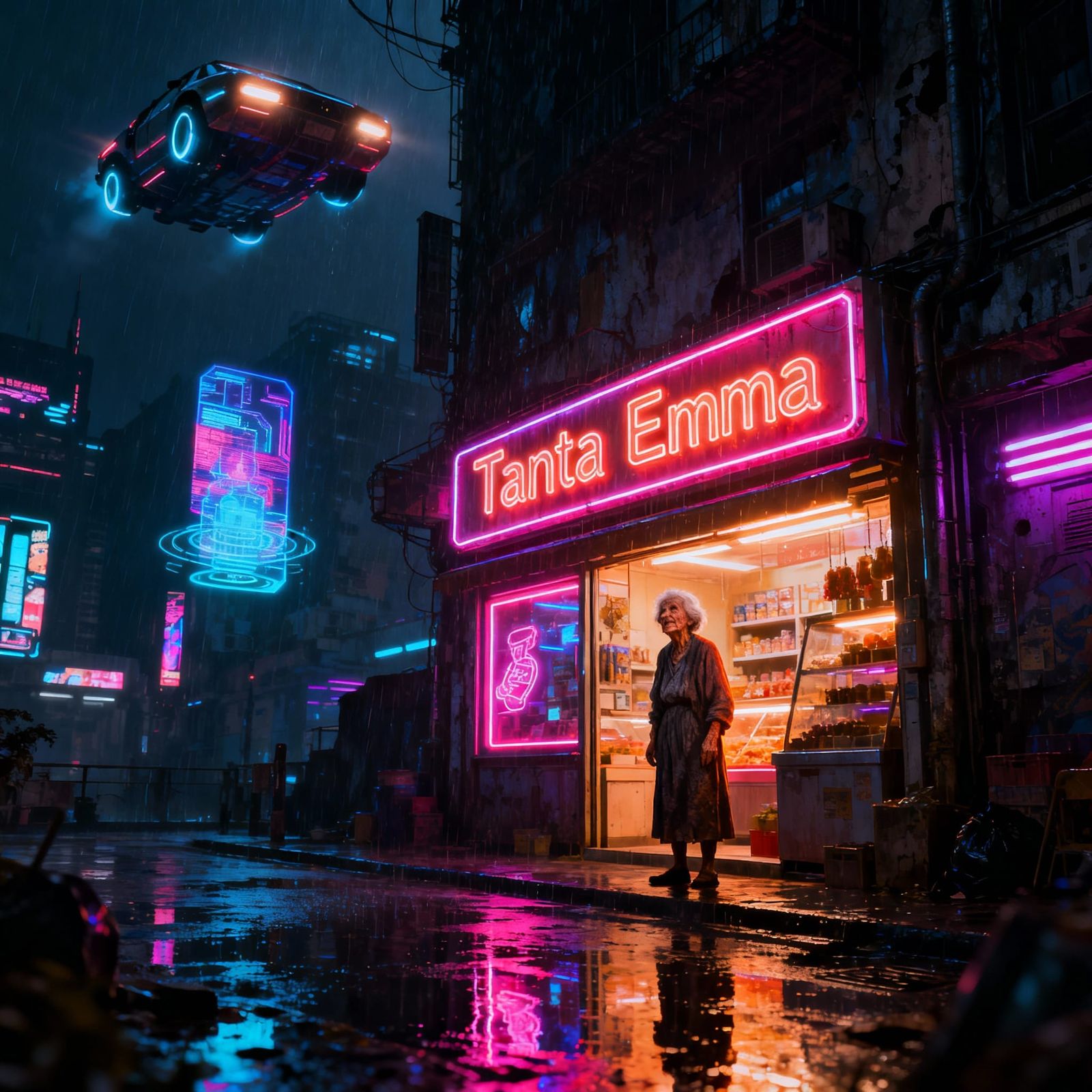 Cyberpunk Tanta Emma Shopfront with Old Woman
