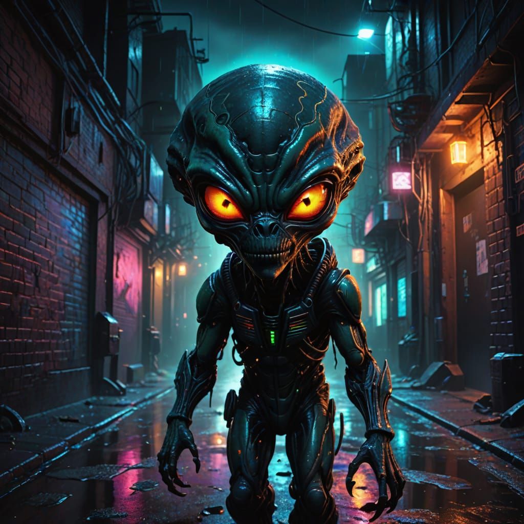 Menacing Alien in Dark Alley: Vivid Oil Painting