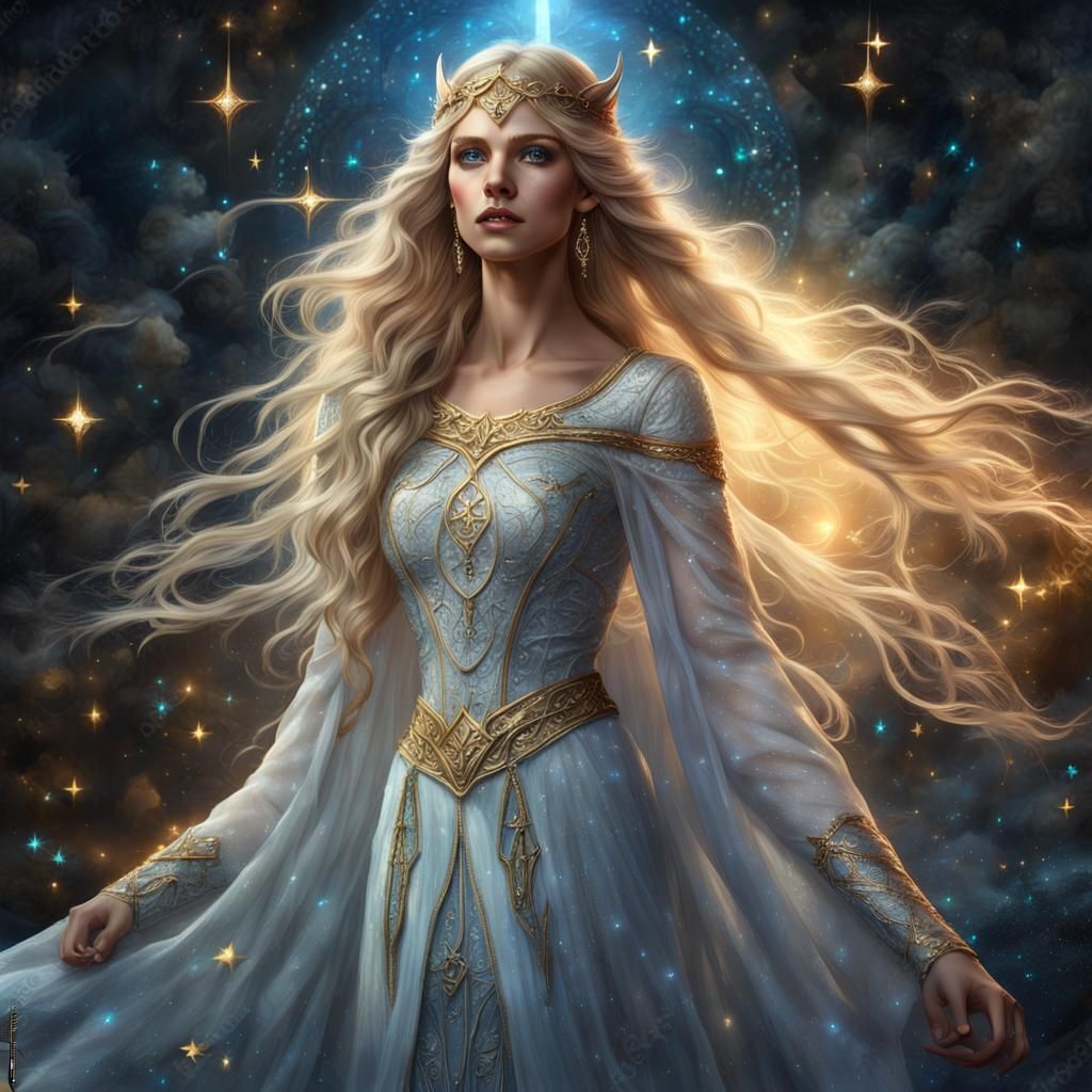 Elegant Elf Lady with Golden Hair and Stars