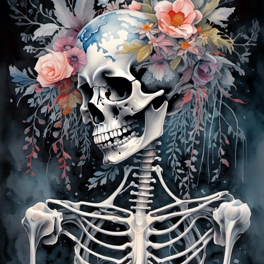 Beautiful Skeleton with Watercolor Flowers