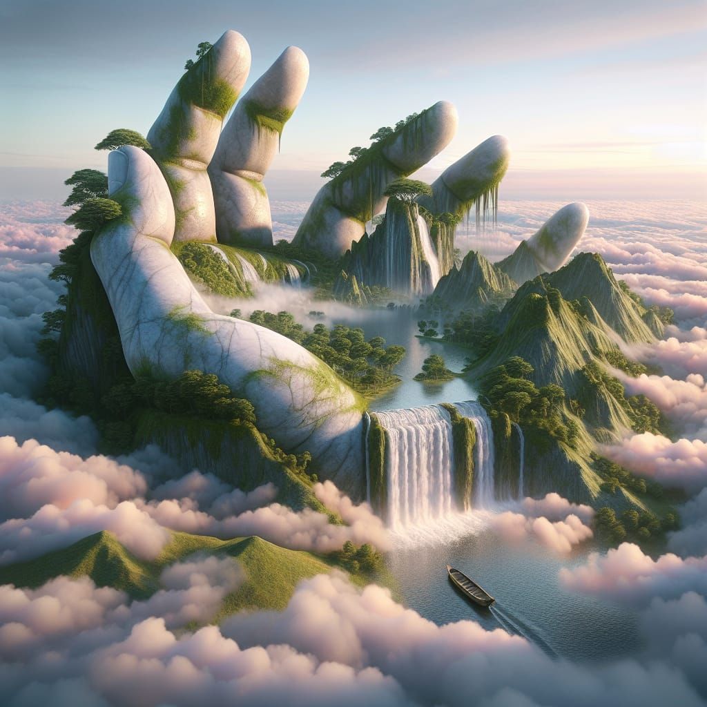 Surreal Marble Hand Landscape in Dreamlike Aura