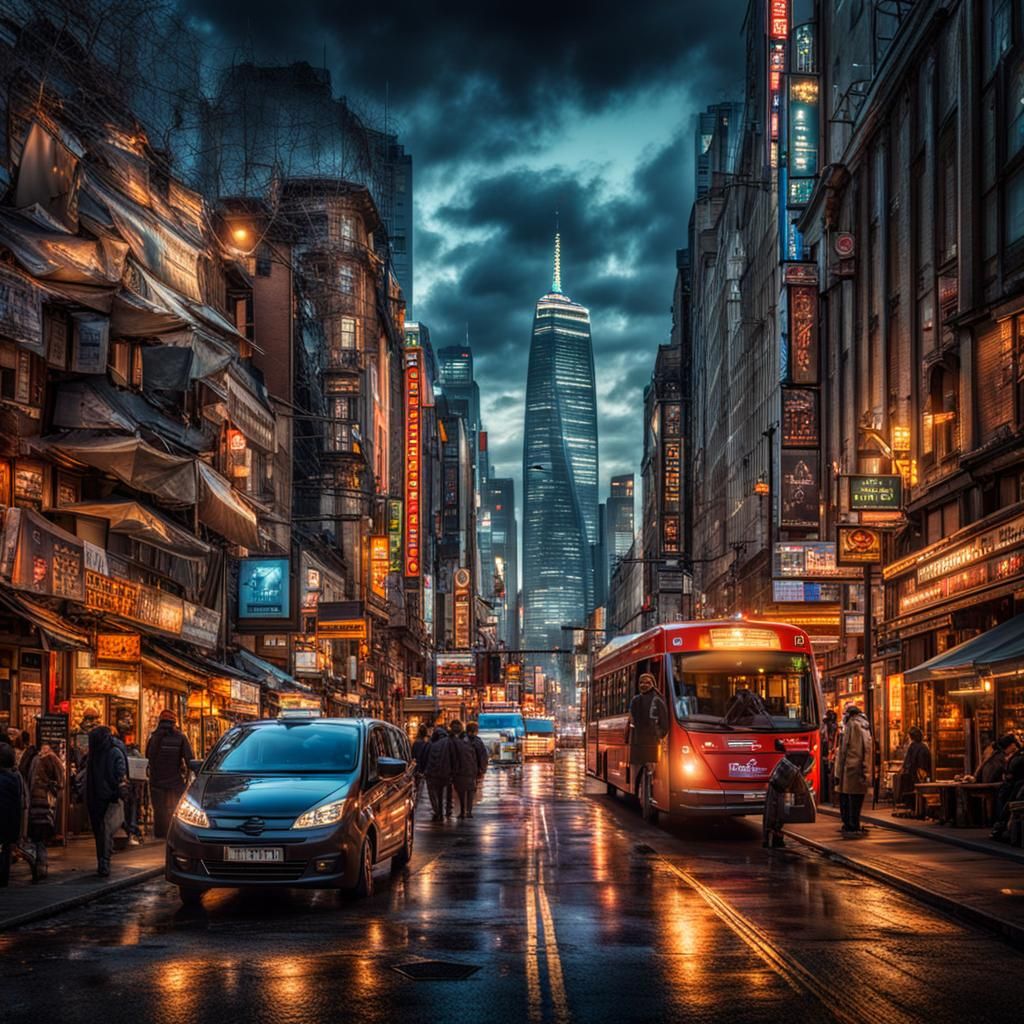 Vibrant Cityscape at Night in Hyperrealistic Style