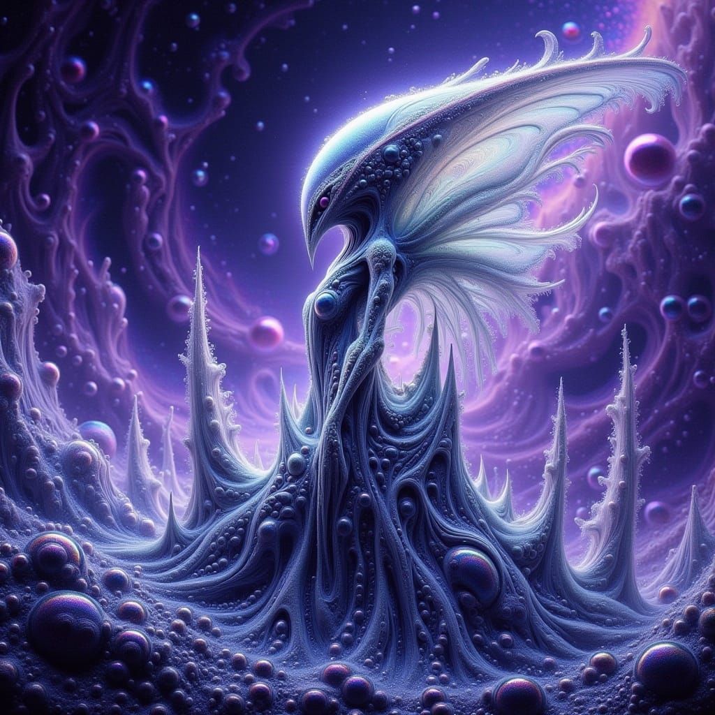 Iridescent Alien Creature in Surreal Landscape