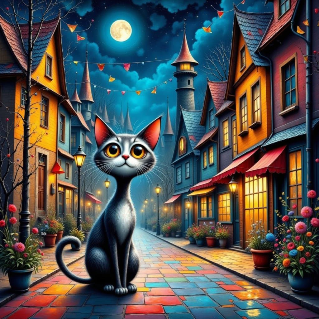 Cat on Rainy Street: Naive Folk Art