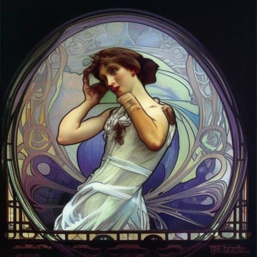 Gas Airship Over Hawaiian Fire, Mucha Style